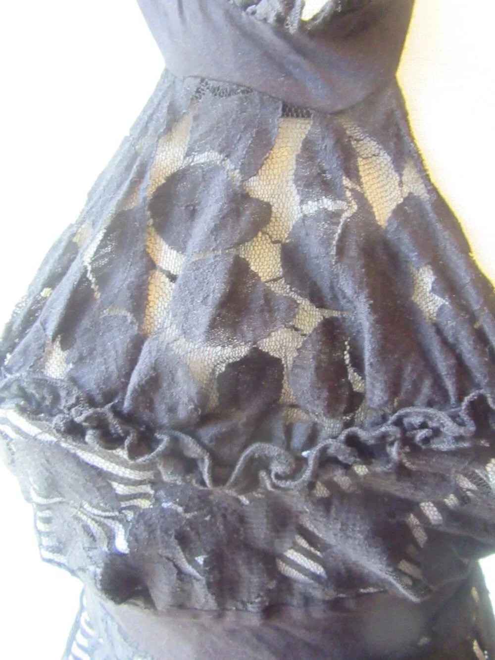 Sheer black halter top w. patterned lace over black/white stripe sz S whimsigoth